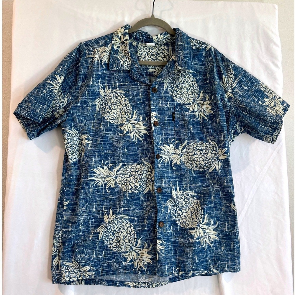 Palmwave Hawaii Mens Blue Pineapple Print Cotton Aloha Shirt Large Resort Wear
